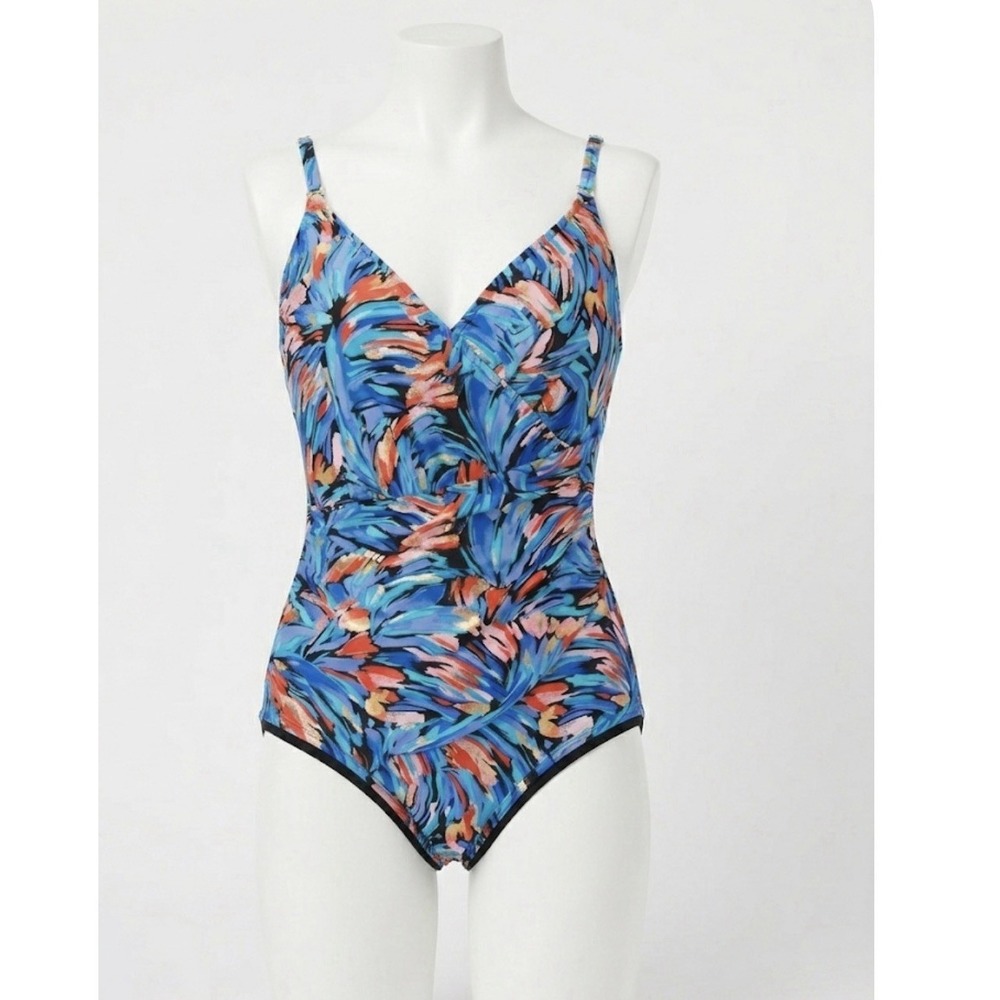 Maxine of Hollywood 16 Swimsuit One Piece Abstract Gold Foil Floral Ruched Blue